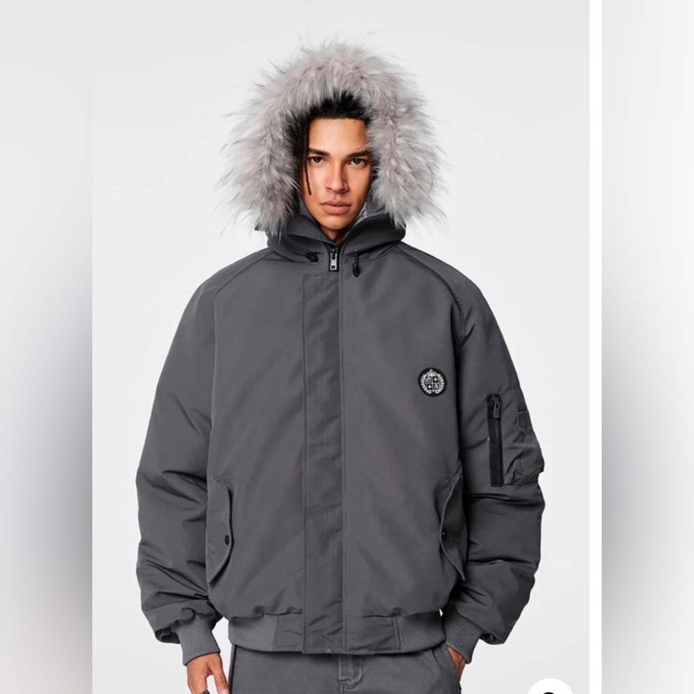 Achock Unisex Gray Duck Down Faux Fur Hooded Jacket Size S